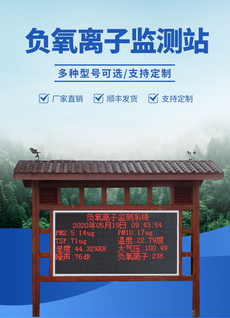 景區(qū)大屏負(fù)氧離子監(jiān)測(cè)站-實(shí)時(shí)顯示監(jiān)測(cè)數(shù)據(jù)，將負(fù)氧離子可視化